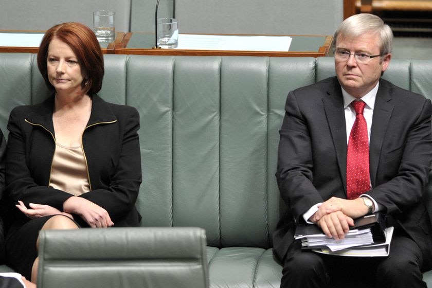 Julia Gillard and Kevin Rudd sitting in parliament.