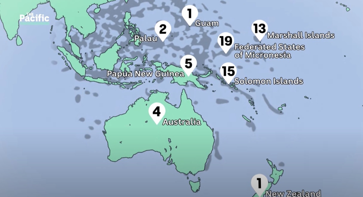 A map of the Pacific with numbers indicating the number of risky wrecks in each country's waters.