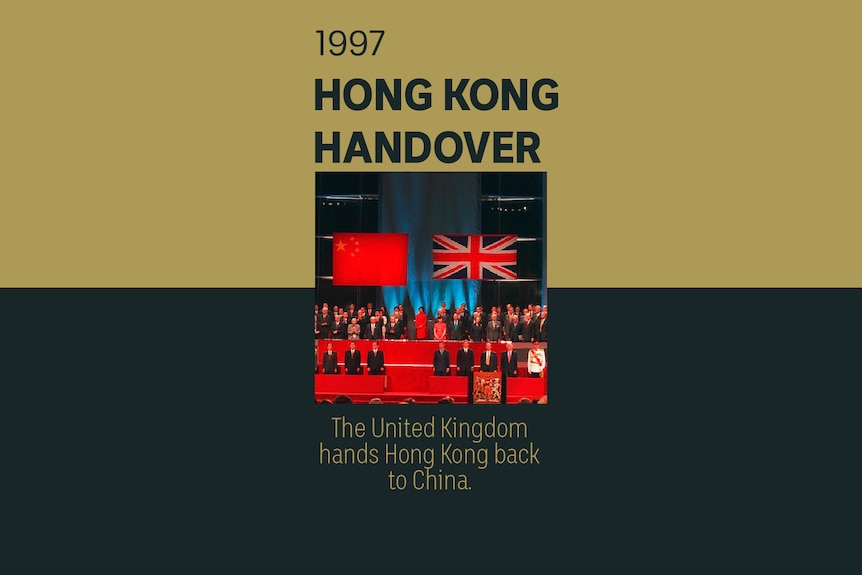 An image of British and Chinese flags during the handover. Text reads 1997, Hong Kong handover.
