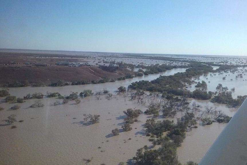 A flooded outback river in flood, overlooked by the homestead precinct.