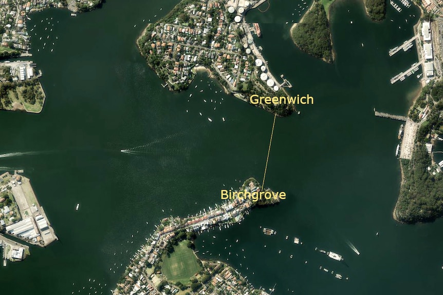 An aerial view of the headlands where the tunnel from Greenwich to Birchgrove was dug under Sydney Harbour.