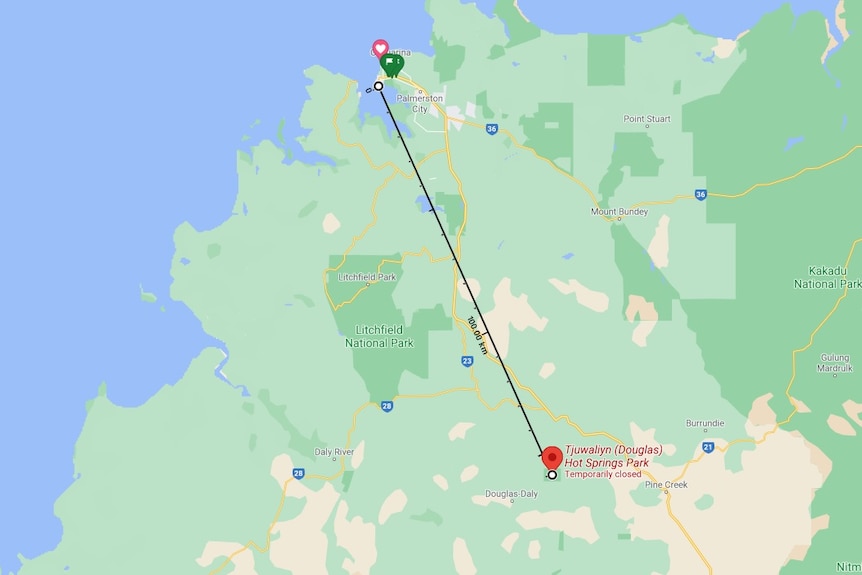 Map showing direct line between Darwin and Tjuwaliyn.