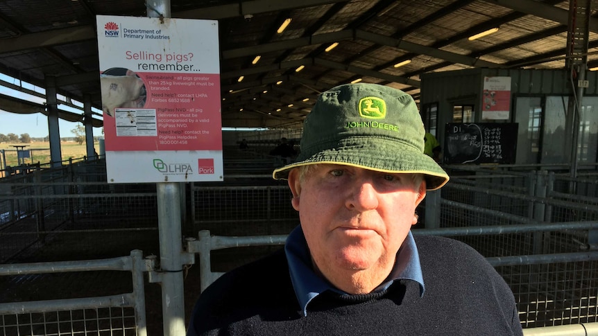 A man stands in front of a saleyard