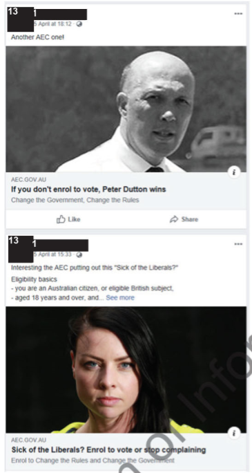 Two Facebook posts, one with Peter Dutton, the other with an unidentified woman.