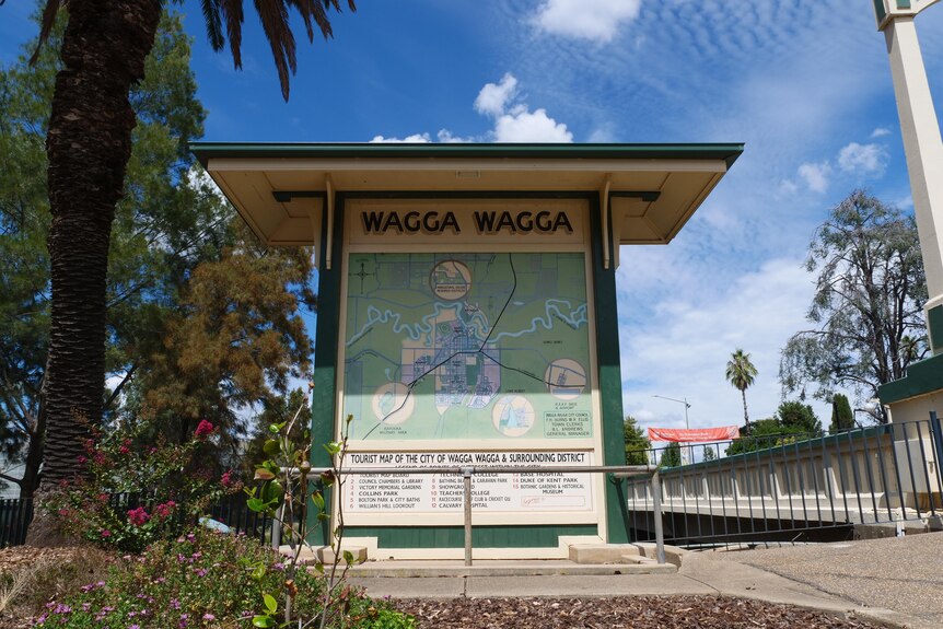 A large sign next to a palm tree with a map of Wagga Wagga.