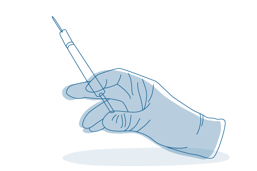 Illustration of gloved hand holding needle for vaccination.