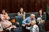 A balding man leans forward to kiss a woman, watched by three women behind him in parliament
