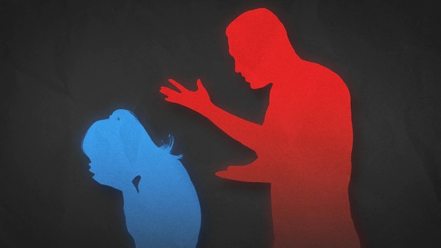 A graphic of a man's outline, in red, threatening a woman's outline, in blue