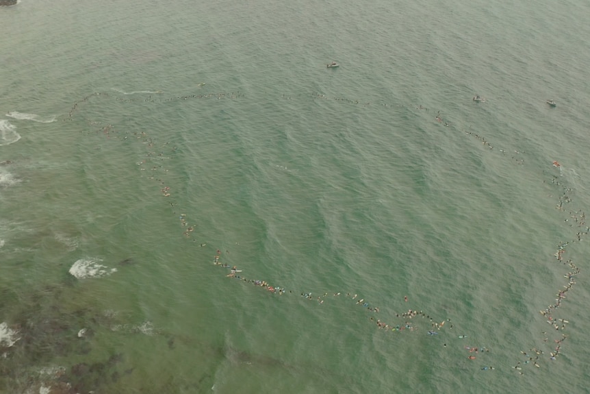 A vision looking down from the air at a group of people in a surf paddle out in the ocean.