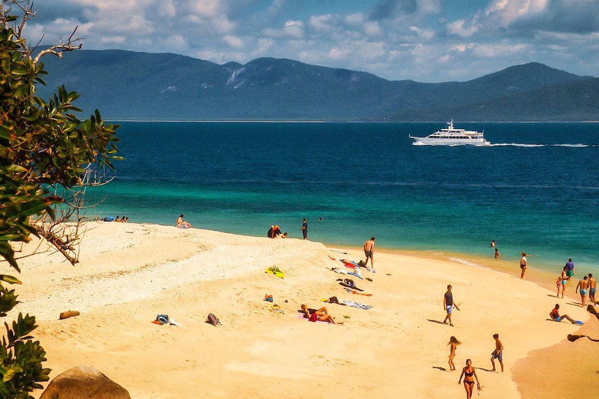 A boat goes past a beach.