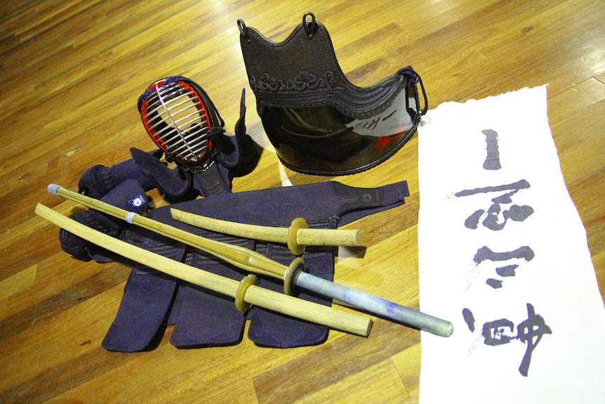 A collection of the gear and swords used in kendo