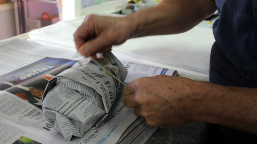 Sausages wrapped at the Binalong Butchery