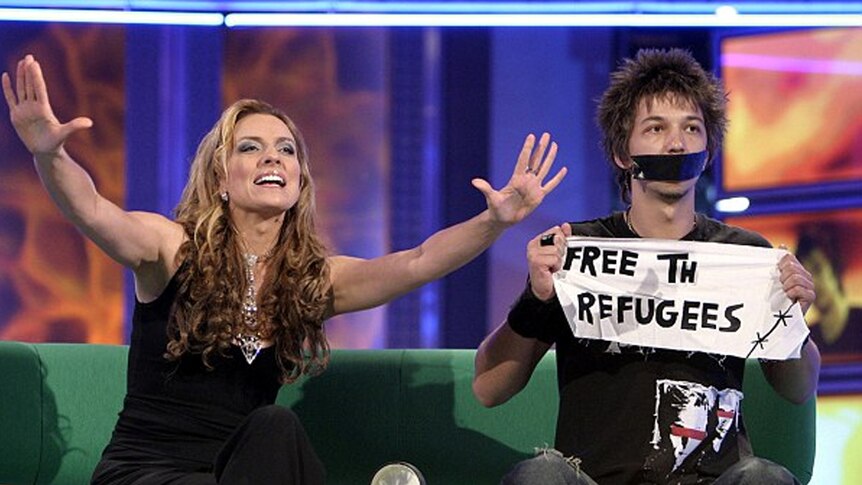 Big Brother 2004 housemate Merlin Luck protests the Australian government's asylum seeker policies.