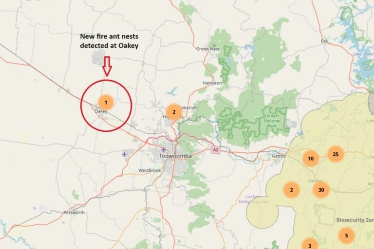 A map showing impacted zones the latest has a bold circle and arrow pointed to its position at Oakey