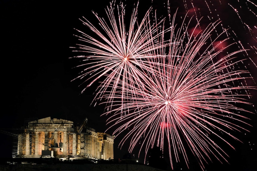 Fireworks light up the Parthenon in Athens.