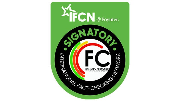 Logo of the IFCN, with Fact Check logo in a black cirlce that says Signatory