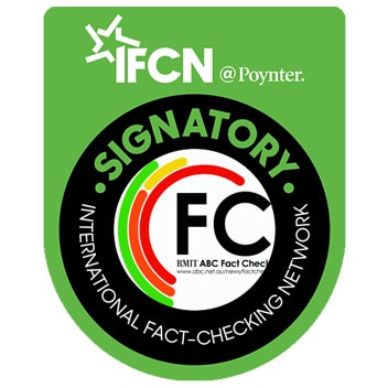 Logo of the IFCN, with Fact Check logo in a black circle that says Signatory