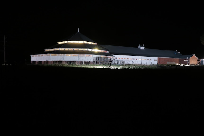 A woolshed lit up at night.