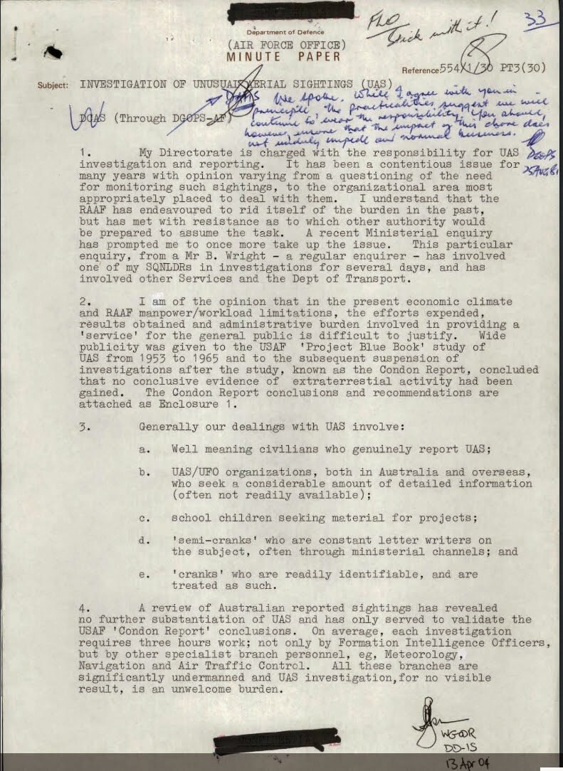 A black-and-white image of a RAAF report.