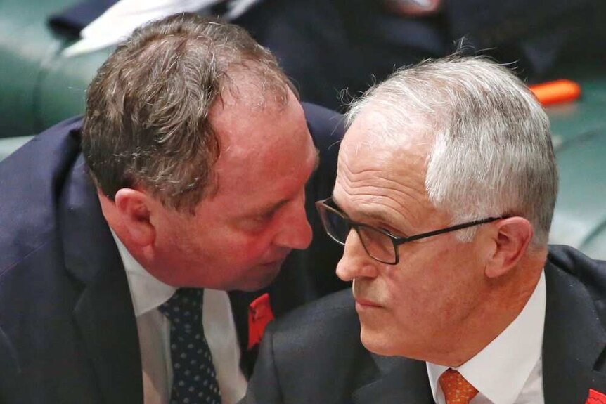 Malcolm Turnbull consults with Barnaby Joyce in parliament