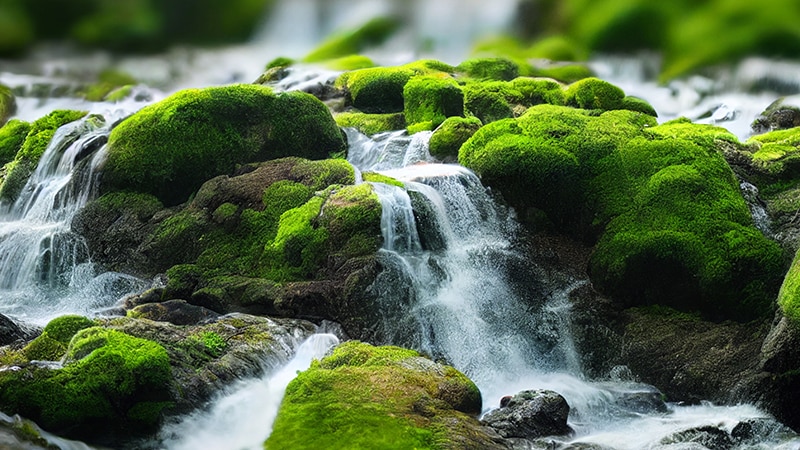 Water flowing over moss