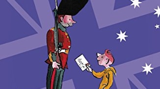 Book cover of Two Weeks with the Queen by Morris Gleitzman. Purple with a drawing of a guard being handed a letter by a boy.