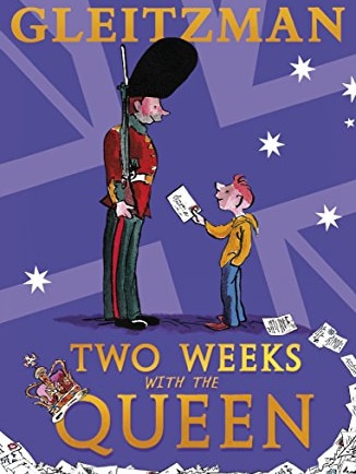 Book cover of Two Weeks with the Queen by Morris Gleitzman. Purple with a drawing of a guard being handed a letter by a boy.