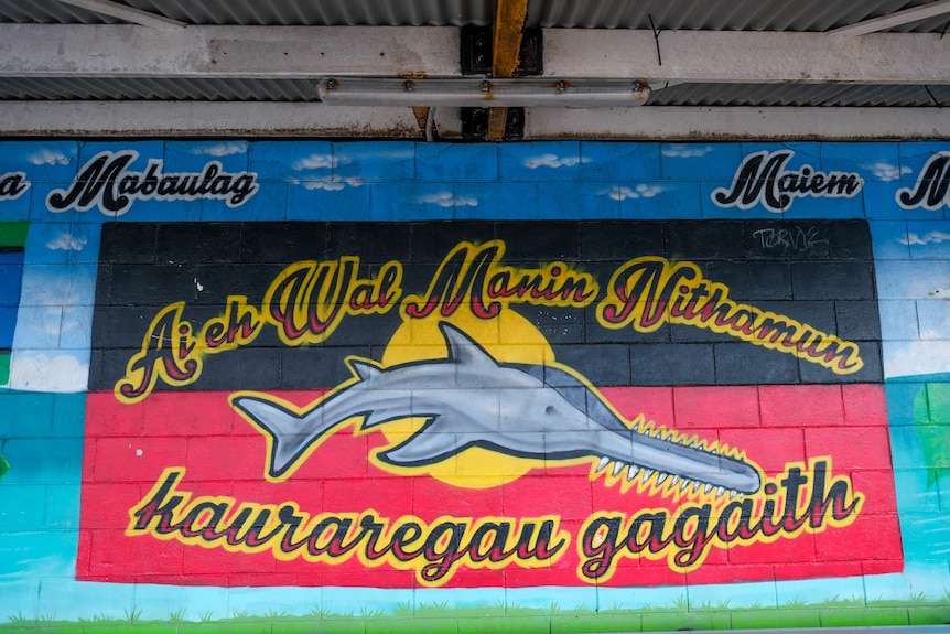 An Indigenous artwork on a wall featuring a sawfish and an Aboriginal flag