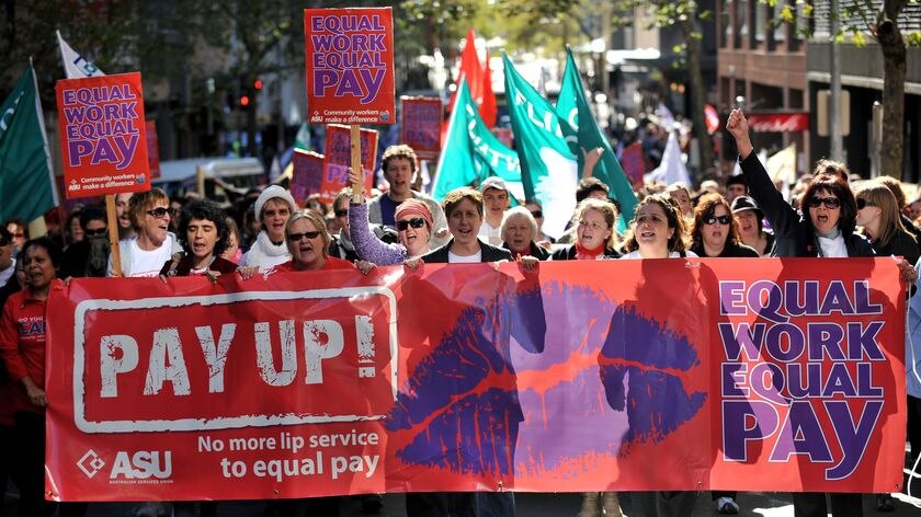 Australian Services Union NSW secretary Sally McManus leads an 'Equal Pay' rally in Sydney on June 10, 2010. Ms Mcmanus says there is still a gap of 18 per cent between the average pay for men and women in 2010.