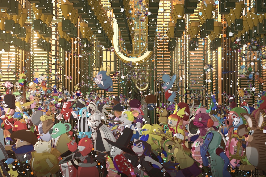 A still from an animated movie showing a crowd of  avatars including a rabbit, mouse, robot and bird in a virtual world