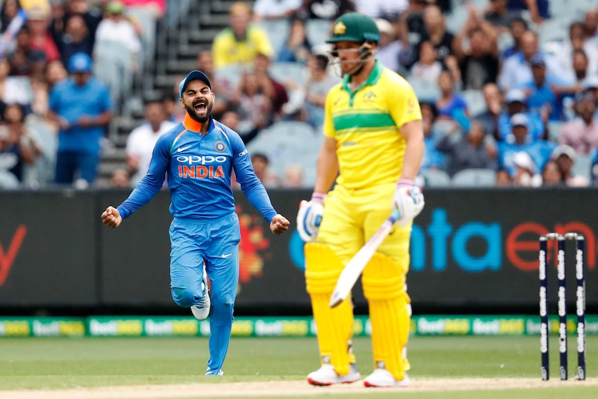 India's Virat Kohli yells in celebration as in the foreground Aaron Finch walks away.