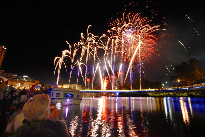 Spectators watch Australia Day fireworks at Elder Park, Adelaide