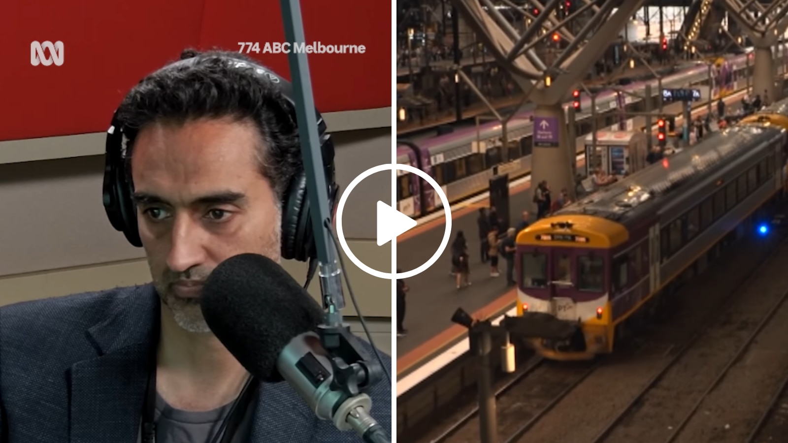 a man with headphones in the left frame and a train in the station on the right frame
