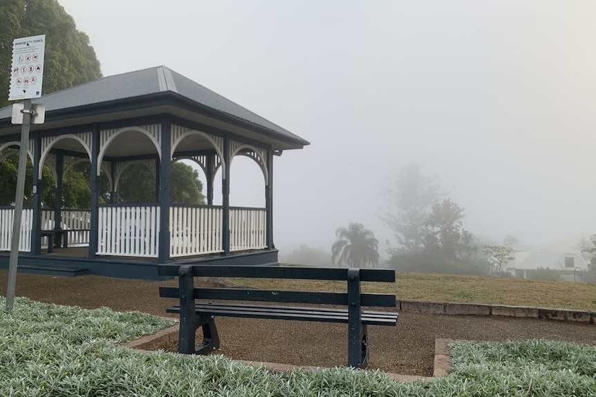 The city view lost in fog from Highgate Hill in Brisbane