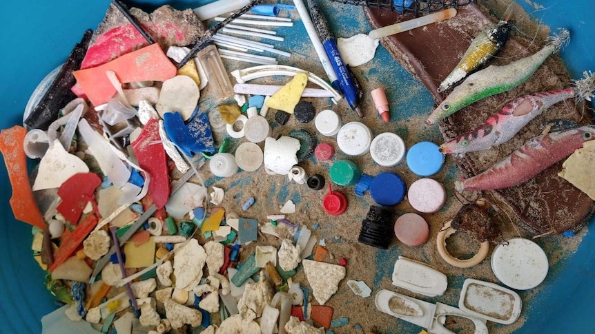 A plastic tub of rubbish, including bottle caps and fishing lures.