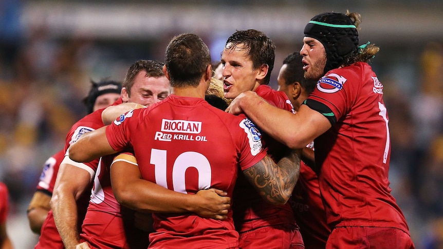 Gutsy effort ... The Reds celebrate their winning try