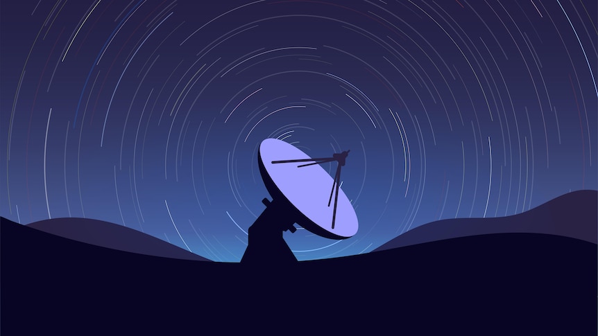 Artwork of a radio telescope at night. 