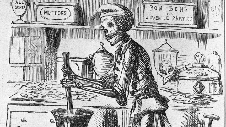 Cartoon of a skeletal man dressed as Death, mixing a bowl of food.