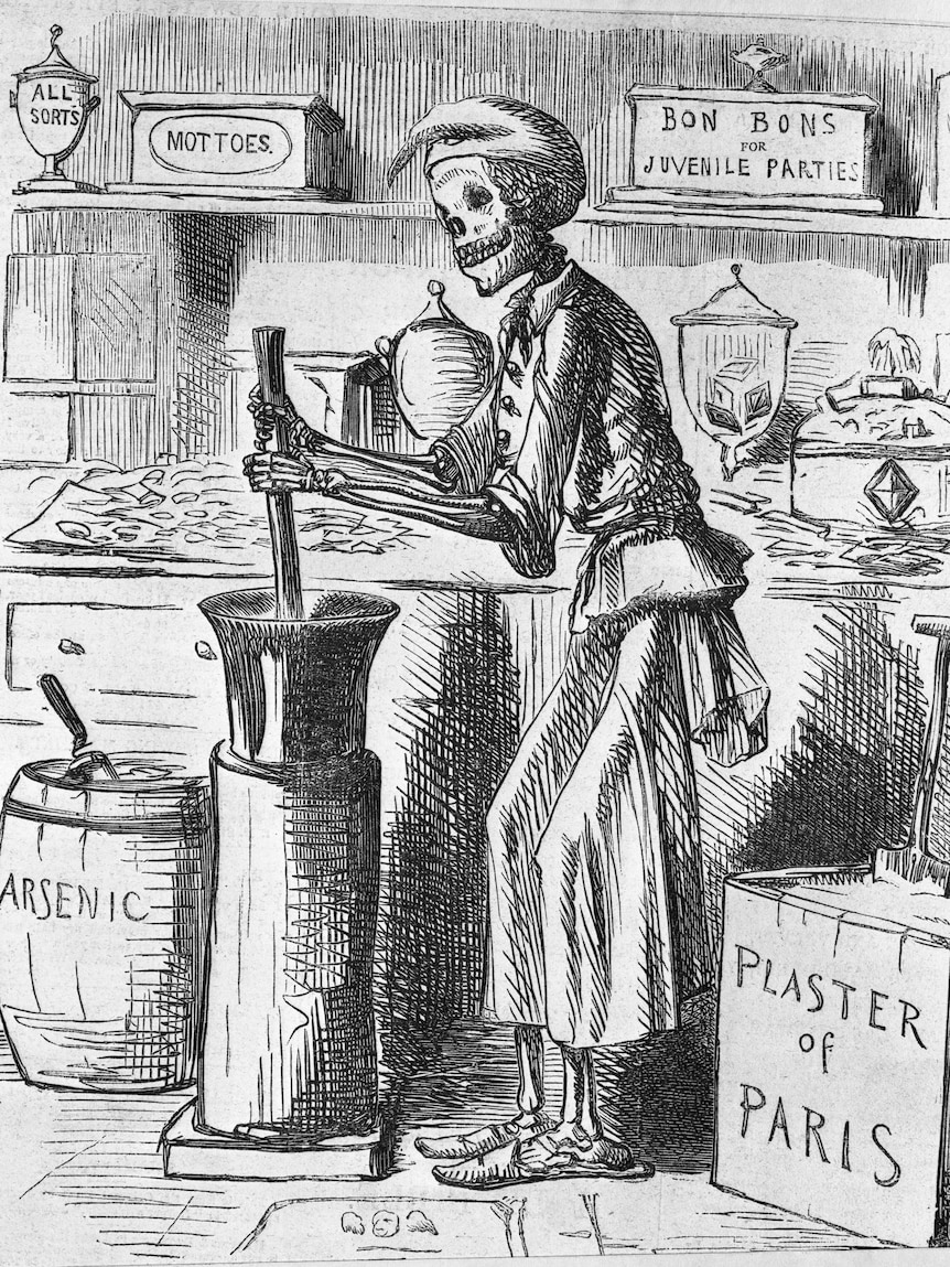 Cartoon of a skeletal man dressed as Death, mixing a bowl of food.