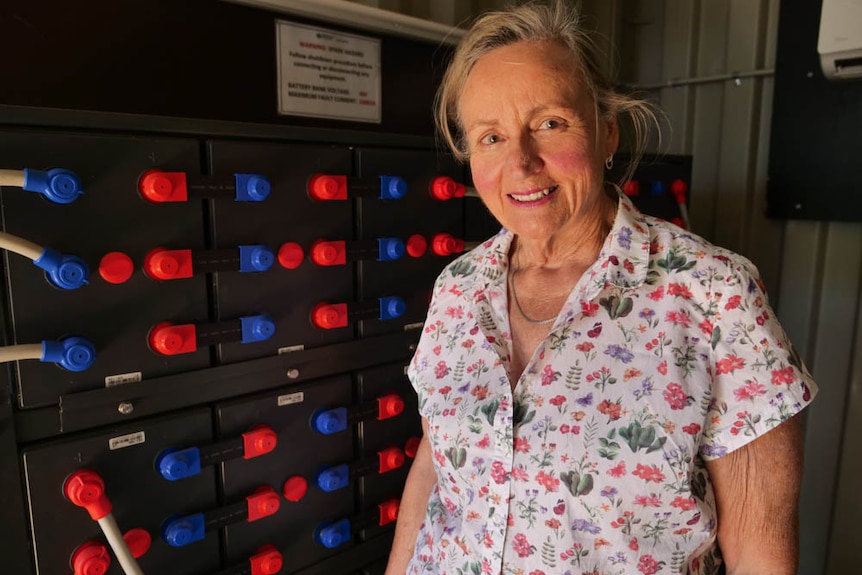 Sylvia Wilson stands in front of her battery bank