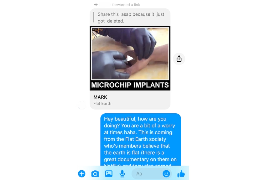 A screenshot of a Facebook conversation showing Kathrin's response to a link about microchipping