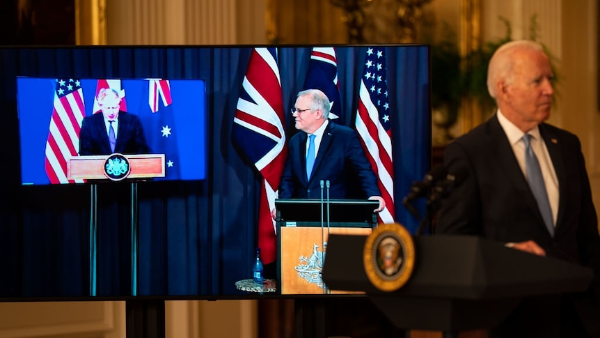 Biden. with Johnson and Morrison on screens, announces the formation of AUKUS on 15th September 2021