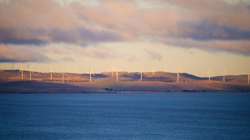 A wind farm on the edge of a lake.
