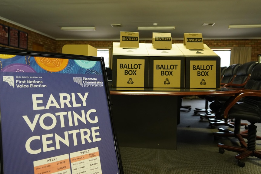Early voting sign and ballot boxes on table