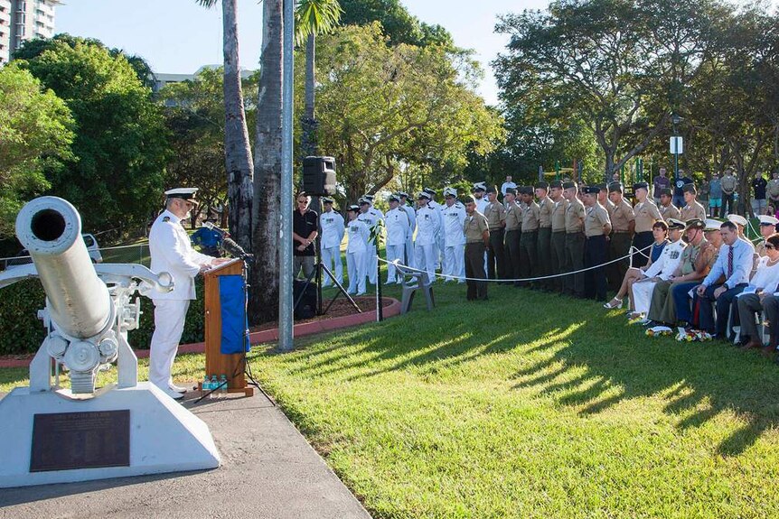 Commander Viktor Pilicic speaks at the Battle of the Coral Sea commemoration