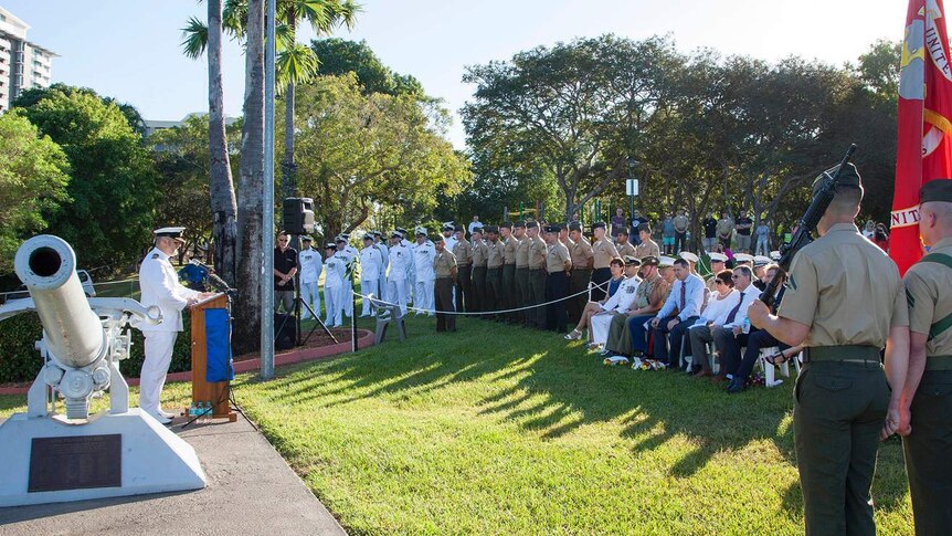 Commander Viktor Pilicic speaks at the Battle of the Coral Sea commemoration