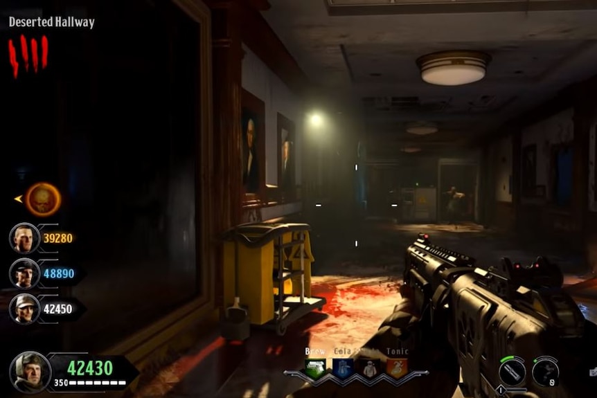 Vanoss Gaming points a gun down a deserted hallway in Call of Duty: Zombies.