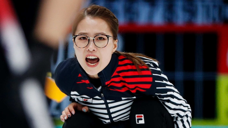 Curling Skip Eunjung Kim of South Korea shouts to her team mates Pyeongchang 2018 Winter Olympics.