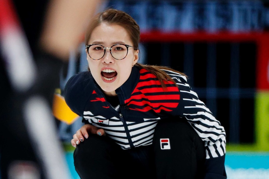 Curling Skip Eunjung Kim of South Korea shouts to her team mates Pyeongchang 2018 Winter Olympics.