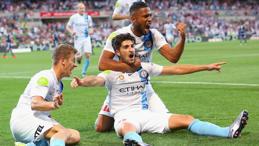 Retre celebrates goal against Melbourne Victory